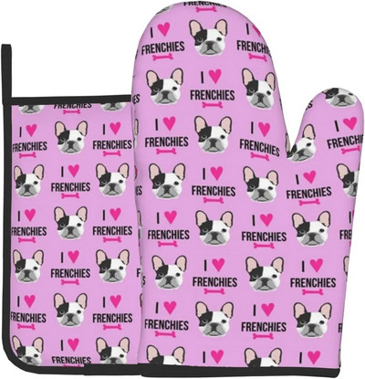 Šuo, aš myliu prancūzų buldogas, prancūziškas veidas, purpurinės virtuvės pirštinės ir puodų laikikliai.