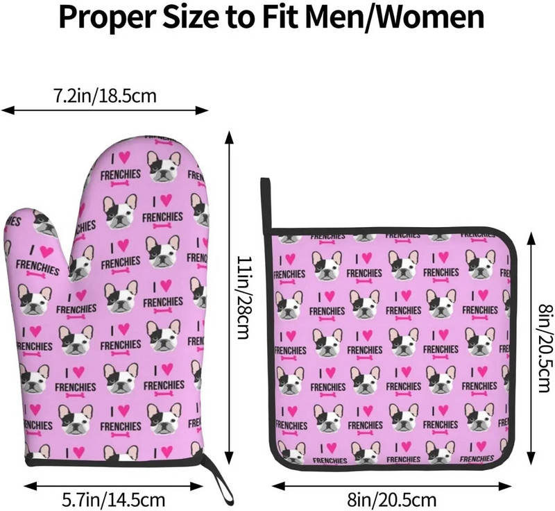 Šuo, aš myliu prancūzų buldogas, prancūziškas veidas, purpurinės virtuvės pirštinės ir puodų laikikliai.