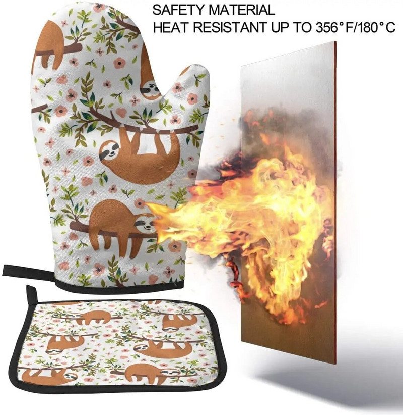 Armas laisk puu otsas naljakate kuumakindlate kuumade ahjukindade ja potihoidjatega köögikomplekti jaoks grillimiseks küpsetamiseks ja grillimiseks