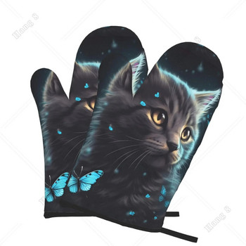 Blutterfly и Cute Cat Ръкавици за фурна 2 бр. Топлоустойчиви ръкавици Кухненски декор Топлоустойчиви поставки за тенджери Комплект за готвене Печене