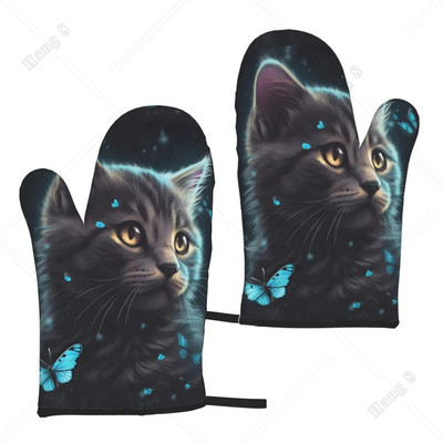 Mănuși de cuptor Flutterfly și drăguță pisică 2 buc. Mănuși rezistente la căldură Decor de bucătărie Set suporturi de oale rezistente la căldură pentru gătit coacere