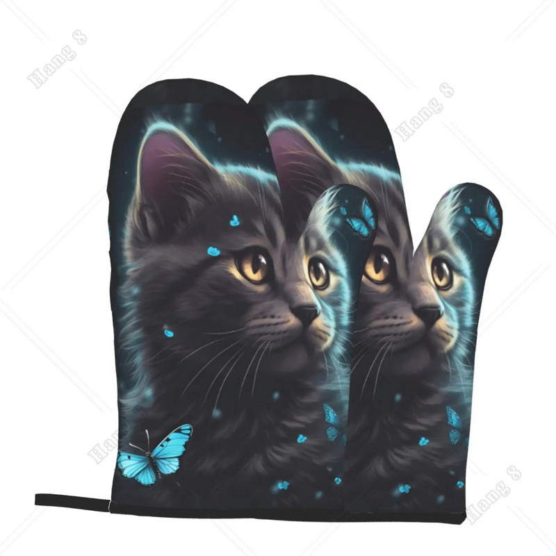 Mănuși de cuptor Flutterfly și drăguță pisică 2 buc. Mănuși rezistente la căldură Decor de bucătărie Set suporturi de oale rezistente la căldură pentru gătit coacere