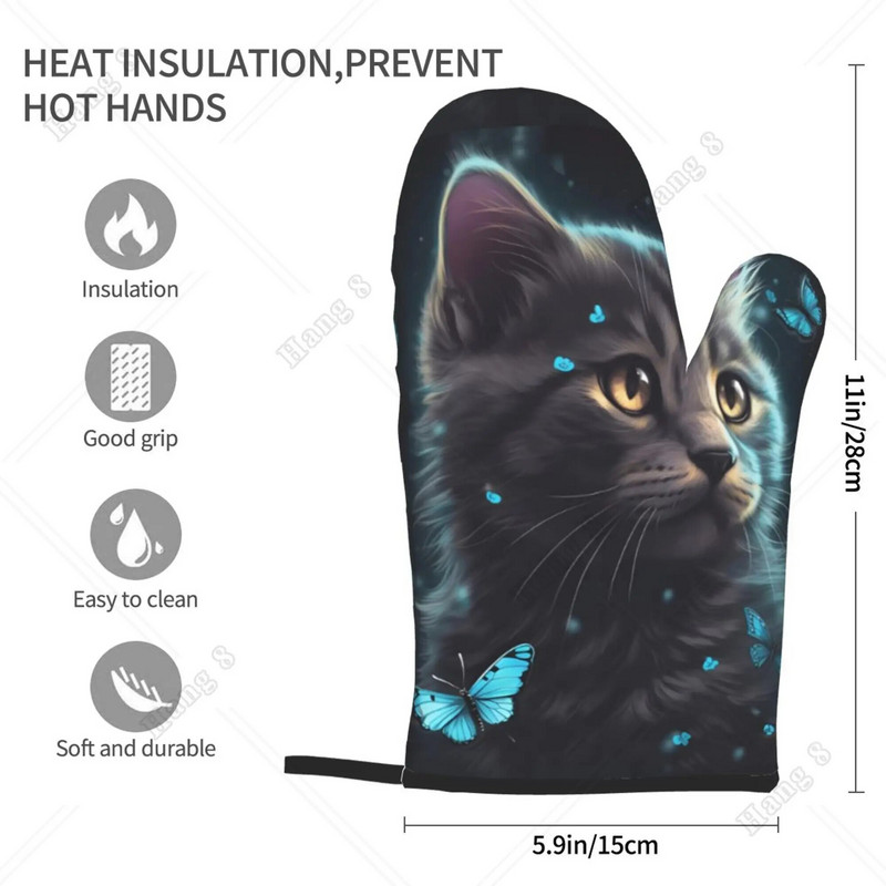 Mănuși de cuptor Flutterfly și drăguță pisică 2 buc. Mănuși rezistente la căldură Decor de bucătărie Set suporturi de oale rezistente la căldură pentru gătit coacere