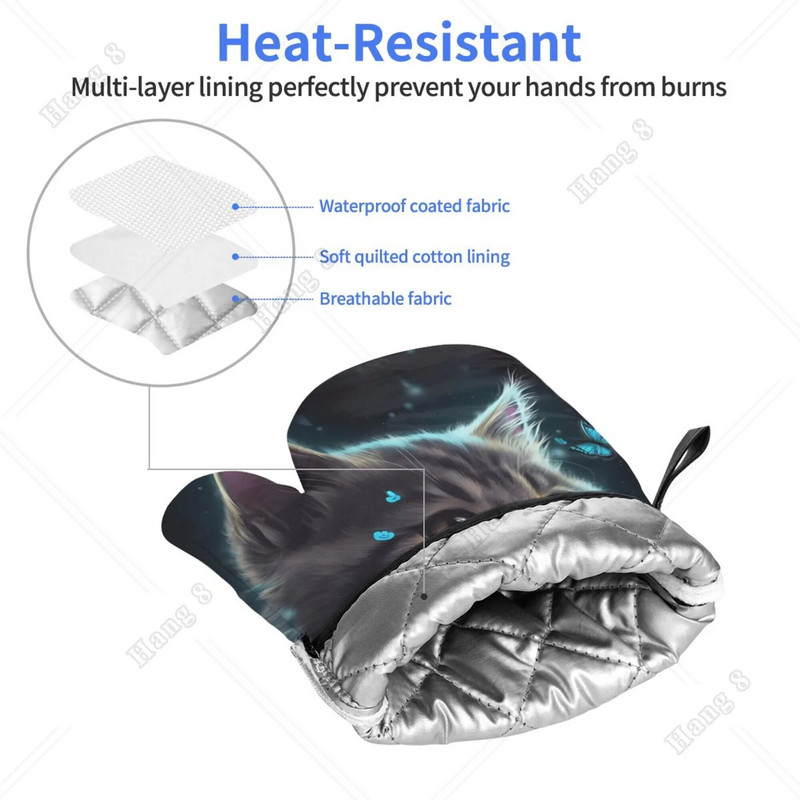 Mănuși de cuptor Flutterfly și drăguță pisică 2 buc. Mănuși rezistente la căldură Decor de bucătărie Set suporturi de oale rezistente la căldură pentru gătit coacere