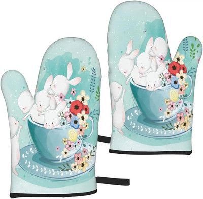 Kawaii Velykų animacinių filmų zuikis, mikrobangų krosnelės pirštinės, orkaitės pirštinės, 2 vnt., moterims, ant grotelių, kepsnių, kepimo, kepimo, kepimo, vieno dydžio karščiui atsparios