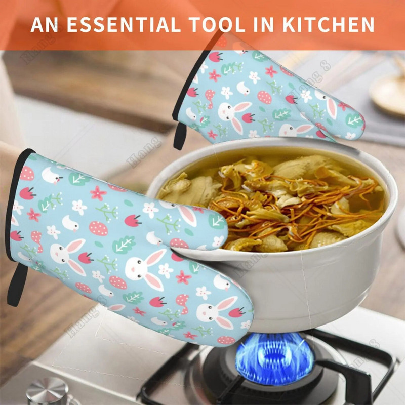 Kawaii Velykų animacinių filmų zuikis, mikrobangų krosnelės pirštinės, orkaitės pirštinės, 2 vnt., moterims, ant grotelių, kepsnių, kepimo, kepimo, kepimo, vieno dydžio karščiui atsparios