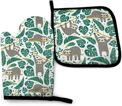 Mieli tinginiai ir atogrąžų palmių lapai Karščiui atsparios pirštinės ir puodų laikikliai Orkaitės pirštinės kepimui ant grotelių.