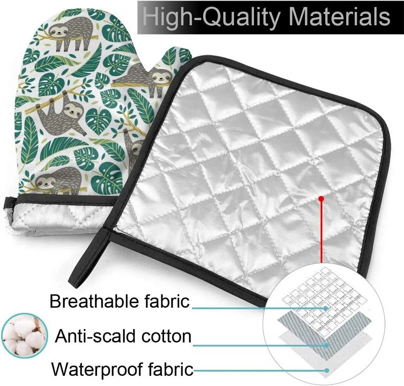 Mieli tinginiai ir atogrąžų palmių lapai Karščiui atsparios pirštinės ir puodų laikikliai Orkaitės pirštinės kepimui ant grotelių.