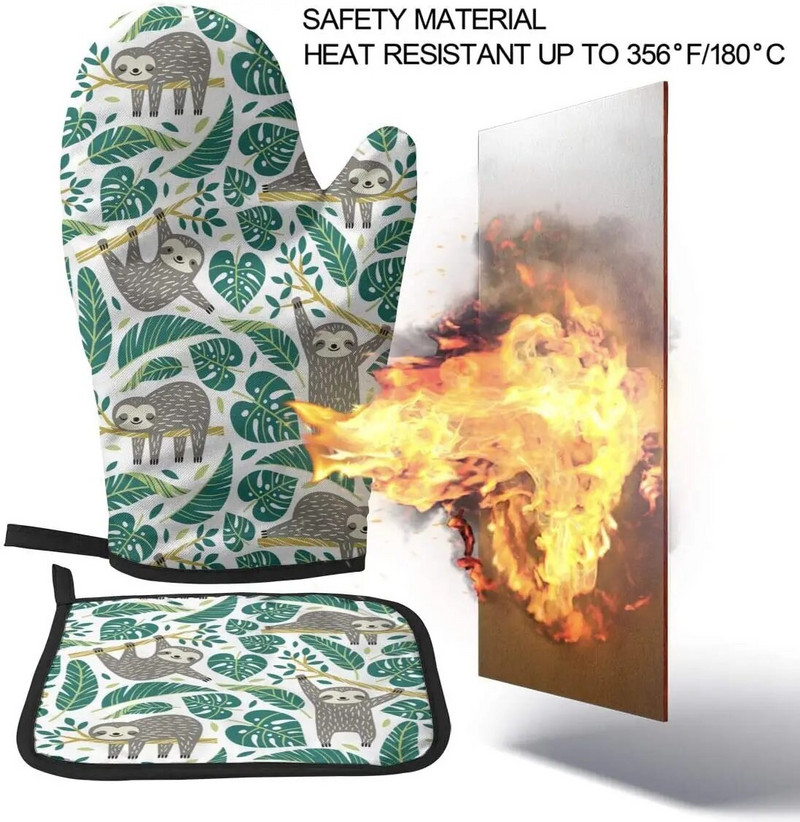 Mieli tinginiai ir atogrąžų palmių lapai Karščiui atsparios pirštinės ir puodų laikikliai Orkaitės pirštinės kepimui ant grotelių.