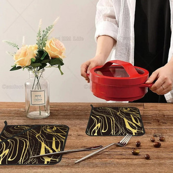 Златисто черни мраморни поставки за тенджери Комплект от 2 кухненски топлоустойчиви поставки за тенджери за микровълнова печка Готвене Печене на фурна Крайни съдове и барбекю