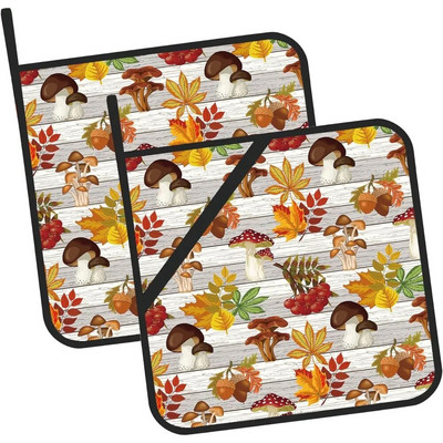 Grybai ir lapai ant medinių puodų laikiklių Rinkinys iš 2 virtuvinių karščiui atsparių puodų laikiklių, skirtų kepti mikrobangų krosnelėje