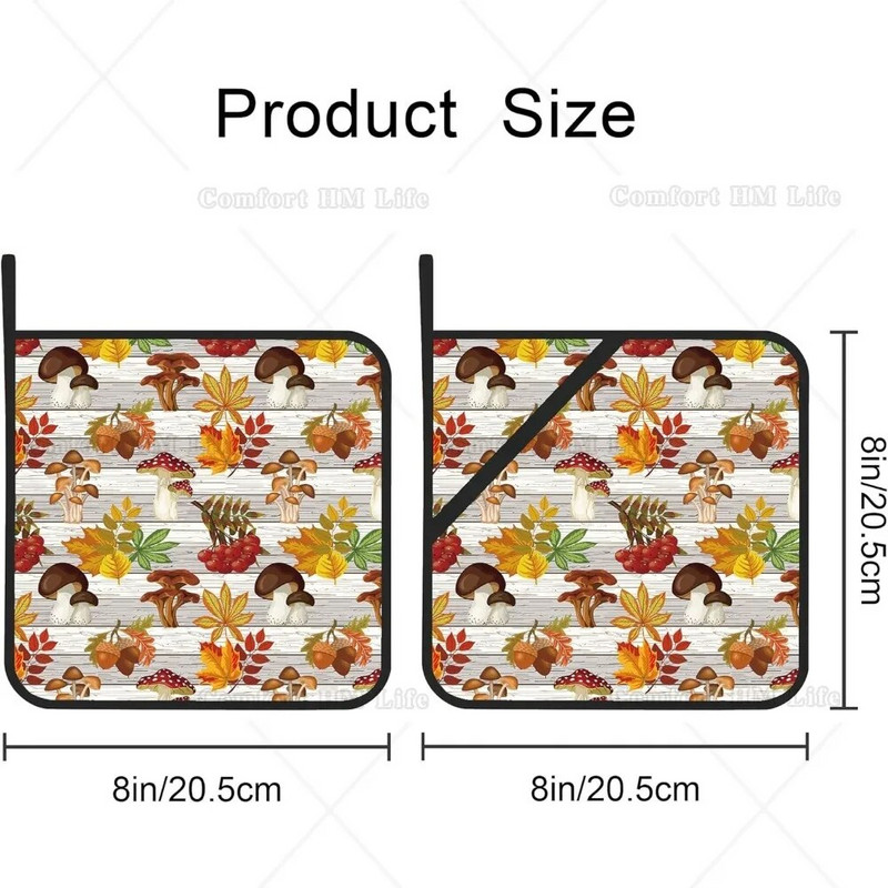 Grybai ir lapai ant medinių puodų laikiklių Rinkinys iš 2 virtuvinių karščiui atsparių puodų laikiklių, skirtų kepti mikrobangų krosnelėje