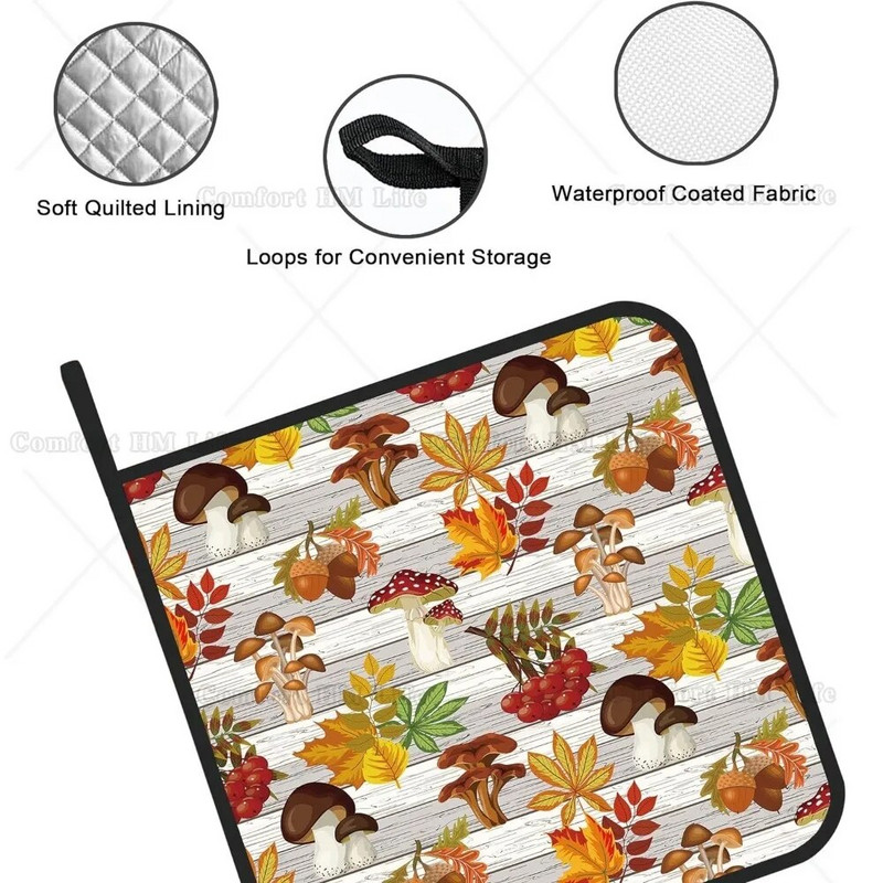 Grybai ir lapai ant medinių puodų laikiklių Rinkinys iš 2 virtuvinių karščiui atsparių puodų laikiklių, skirtų kepti mikrobangų krosnelėje