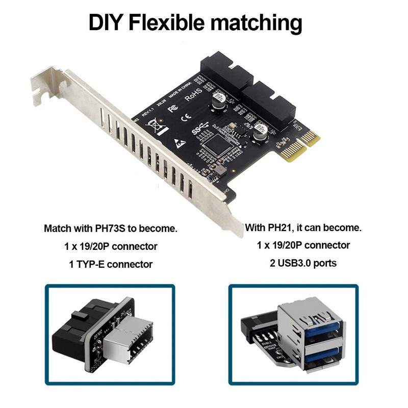 USB 3 į PCIE adapterio kortelė priekinio skydelio USB 3.0 PCI-E išplėtimo plokštė 19 kontaktų 20 kontaktų antraštė PCIe X1 USB 3.0 adapteris, skirtas asmeniniam kompiuteriui