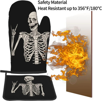 Skeleton Skull Boho Hippie Термоустойчиви ръкавици за фурна и комплекти поставки за саксии Издръжливи кухненски ръкавици за барбекю Готвене Печене Грил