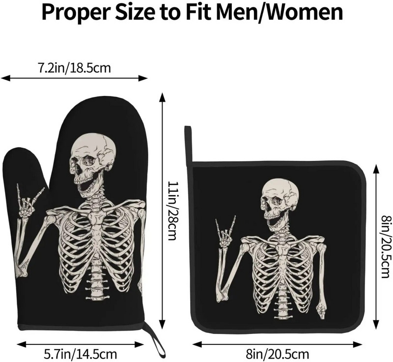 Skeleton Skull Boho Hippie karščiui atsparios orkaitės pirštinės ir puodų laikiklių rinkiniai patvarios virtuvinės pirštinės, skirtos kepimui ant grotelių.