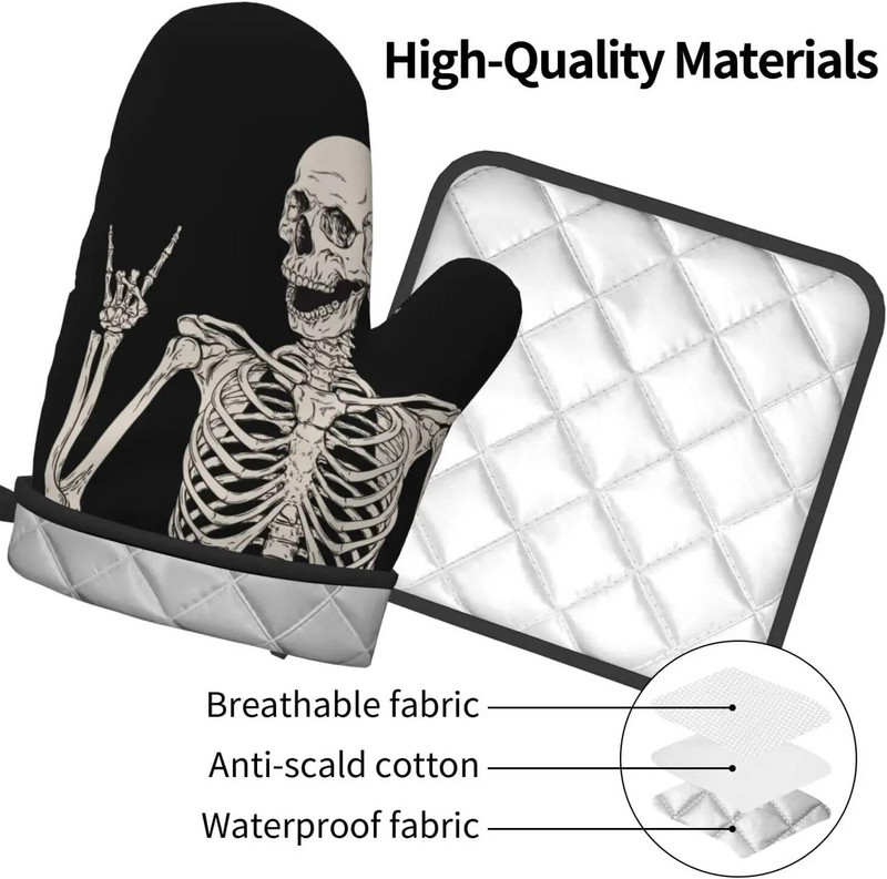 Skeleton Skull Boho Hippie karščiui atsparios orkaitės pirštinės ir puodų laikiklių rinkiniai patvarios virtuvinės pirštinės, skirtos kepimui ant grotelių.