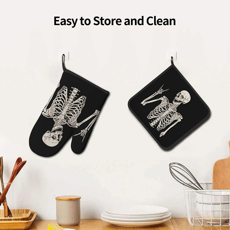 Skeleton Skull Boho Hippie karščiui atsparios orkaitės pirštinės ir puodų laikiklių rinkiniai patvarios virtuvinės pirštinės, skirtos kepimui ant grotelių.