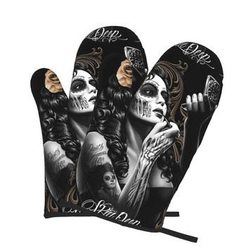 Секси дамски череп Хелоуин ръкавици за фурна 2бр. Микровълнови ръкавици Ръкавици за фурна Топлоустойчиви ръкавици за фурна за кухненско барбекю Готвене