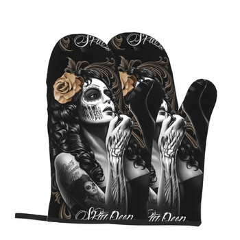 Секси дамски череп Хелоуин ръкавици за фурна 2бр. Микровълнови ръкавици Ръкавици за фурна Топлоустойчиви ръкавици за фурна за кухненско барбекю Готвене