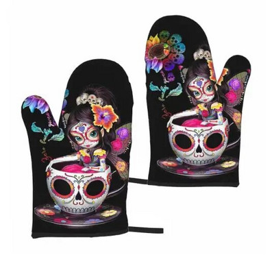 Sexy Women Skull Helovino orkaitės pirštinės 2 vnt Mikrobangų krosnelės pirštinės Orkaitės pirštinės karščiui atsparios orkaitės pirštinės virtuvės kepsniams gaminti