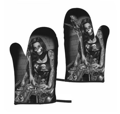 Sexy Women Skull Helovino orkaitės pirštinės 2 vnt Mikrobangų krosnelės pirštinės Orkaitės pirštinės karščiui atsparios orkaitės pirštinės virtuvės kepsniams gaminti