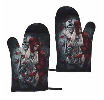 Sexy Women Skull Helovino orkaitės pirštinės 2 vnt Mikrobangų krosnelės pirštinės Orkaitės pirštinės karščiui atsparios orkaitės pirštinės virtuvės kepsniams gaminti