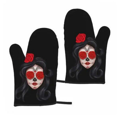 Sexy Women Skull Helovino orkaitės pirštinės 2 vnt Mikrobangų krosnelės pirštinės Orkaitės pirštinės karščiui atsparios orkaitės pirštinės virtuvės kepsniams gaminti