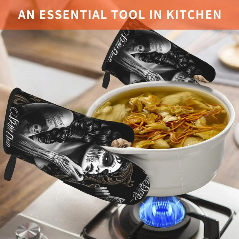 Sexy Women Skull Helovino orkaitės pirštinės 2 vnt Mikrobangų krosnelės pirštinės Orkaitės pirštinės karščiui atsparios orkaitės pirštinės virtuvės kepsniams gaminti