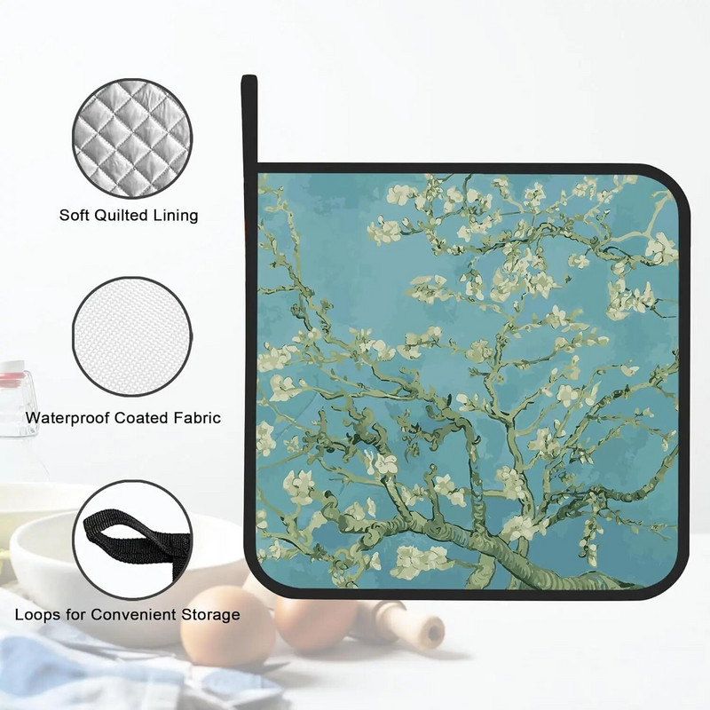 Migdolų žiedų Van Gogo puodų laikiklio rinkinys iš 2 virtuvės karščiui atsparių puodų laikiklių, skirtų kepti ant grotelių, karštas maistas virtuvei