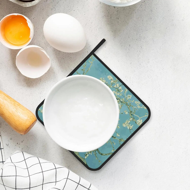 Migdolų žiedų Van Gogo puodų laikiklio rinkinys iš 2 virtuvės karščiui atsparių puodų laikiklių, skirtų kepti ant grotelių, karštas maistas virtuvei