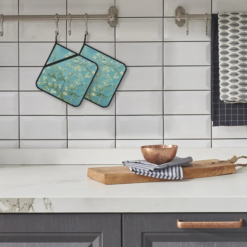 Migdolų žiedų Van Gogo puodų laikiklio rinkinys iš 2 virtuvės karščiui atsparių puodų laikiklių, skirtų kepti ant grotelių, karštas maistas virtuvei