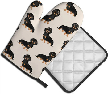 Dachshund Weiner Dog Pet DogsFunny Σετ γάντι και κατσαρόλα φούρνου Ανθεκτικό στη θερμότητα για μαγείρεμα κουζίνας Αντιολισθητικά γάντια φούρνου ψησίματος
