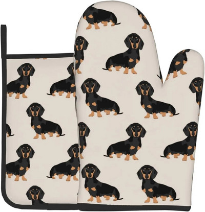 Taksas Weiner Dog Naminiai šunys Juokingi orkaitės pirštinių ir puodų laikiklių rinkinys, atsparus karščiui virtuvėje, kepimui, kepimui, neslystančios orkaitės pirštinės