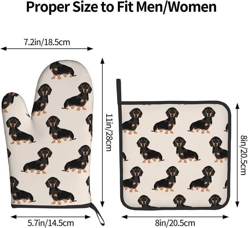 Taksas Weiner Dog Naminiai šunys Juokingi orkaitės pirštinių ir puodų laikiklių rinkinys, atsparus karščiui virtuvėje, kepimui, kepimui, neslystančios orkaitės pirštinės