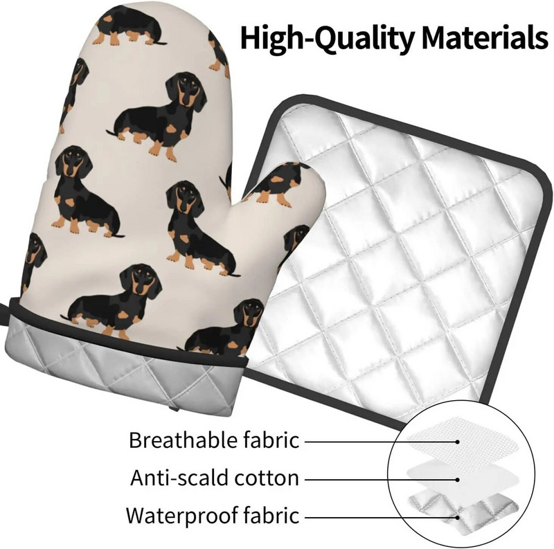 Taksas Weiner Dog Naminiai šunys Juokingi orkaitės pirštinių ir puodų laikiklių rinkinys, atsparus karščiui virtuvėje, kepimui, kepimui, neslystančios orkaitės pirštinės