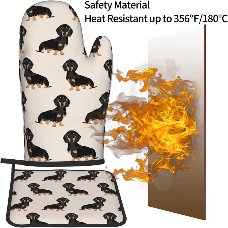 Taksas Weiner Dog Naminiai šunys Juokingi orkaitės pirštinių ir puodų laikiklių rinkinys, atsparus karščiui virtuvėje, kepimui, kepimui, neslystančios orkaitės pirštinės