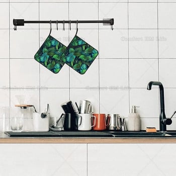 Поставки за саксии със зелени тропически листа Комплект от 2 кухненски топлоустойчиви поставки за тенджери за микровълнова готвене Печене на фурна Крайни съдове и барбекю