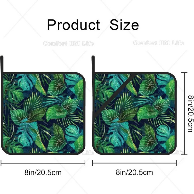 Žaliųjų atogrąžų lapų puodų laikiklių rinkinys iš 2 virtuvės karščiui atsparių puodų laikiklių, skirtų virti mikrobangų krosnelėje.