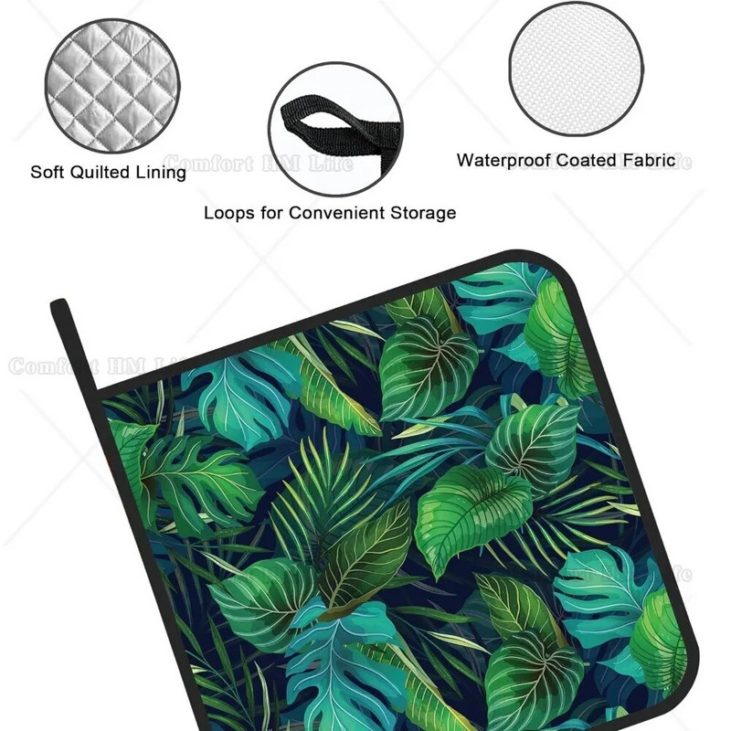 Žaliųjų atogrąžų lapų puodų laikiklių rinkinys iš 2 virtuvės karščiui atsparių puodų laikiklių, skirtų virti mikrobangų krosnelėje.