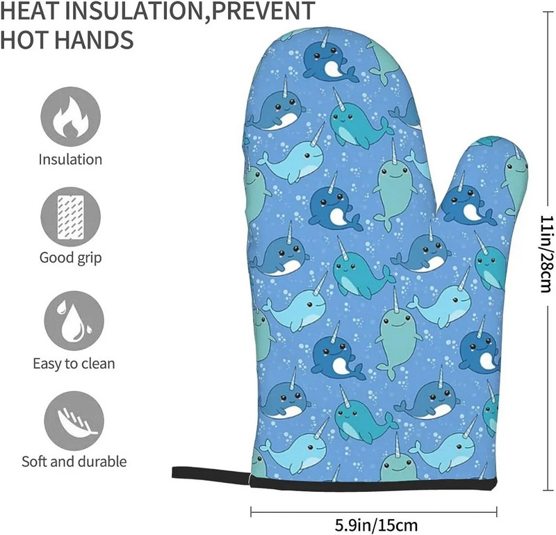 Mielos narvalų orkaitės pirštinės, neslidžios, karščiui atsparios virtuvinės pirštinės, skirtos virti, kepti, kepti ant grotelių, mieli vandenyno gyvūnų gaminimo priedai
