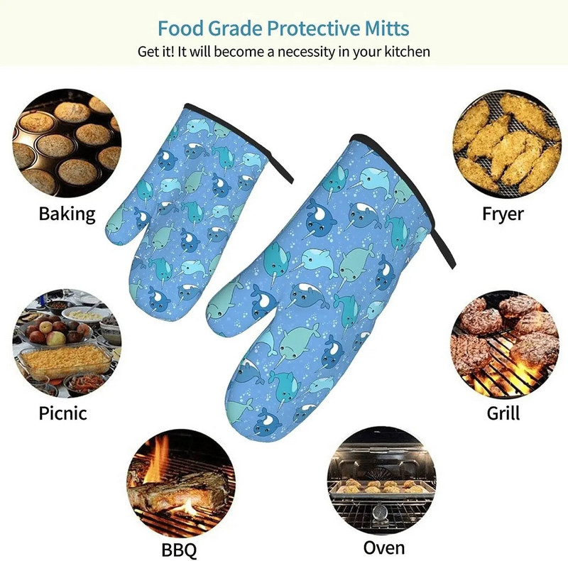 Mielos narvalų orkaitės pirštinės, neslidžios, karščiui atsparios virtuvinės pirštinės, skirtos virti, kepti, kepti ant grotelių, mieli vandenyno gyvūnų gaminimo priedai