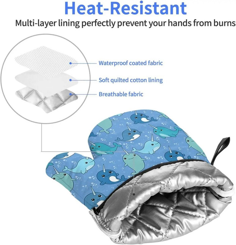 Mielos narvalų orkaitės pirštinės, neslidžios, karščiui atsparios virtuvinės pirštinės, skirtos virti, kepti, kepti ant grotelių, mieli vandenyno gyvūnų gaminimo priedai
