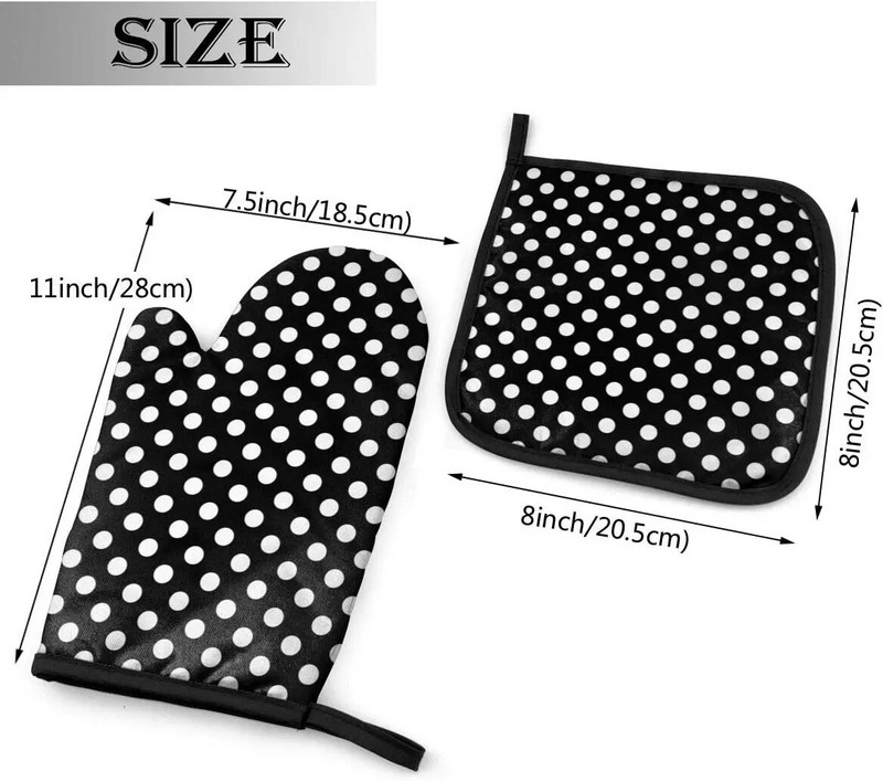 Juodos ir baltos taškinės orkaitės pirštinės ir puodų laikikliai, karščiui atsparūs virtuvės orkaitės pirštinės, neslystančios saugiam kepimui ant grotelių