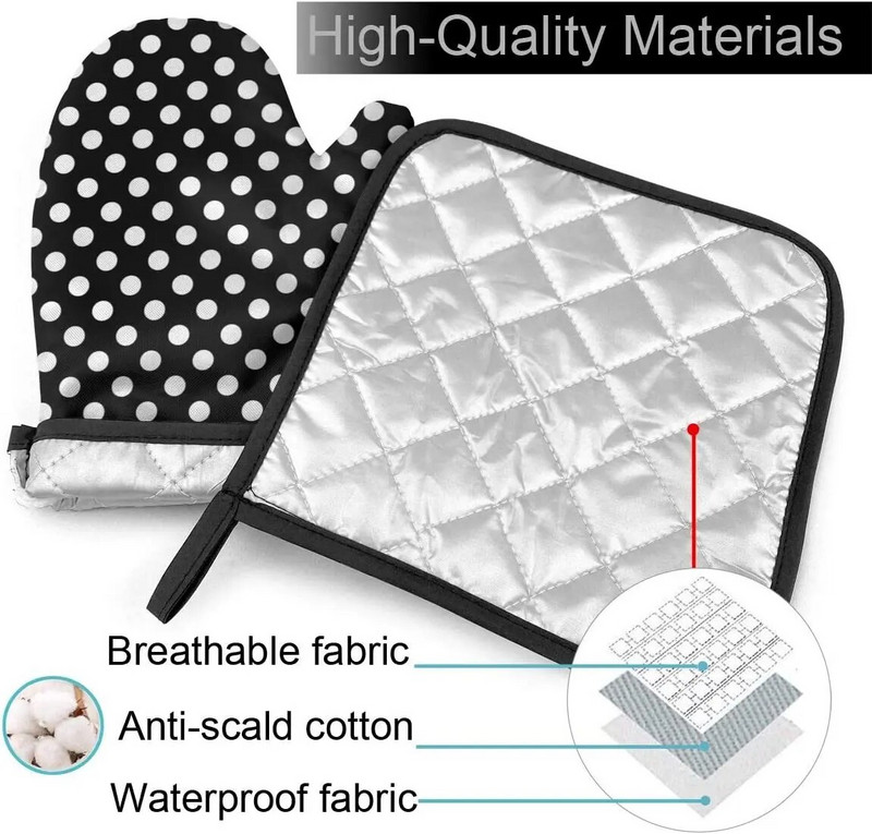 Juodos ir baltos taškinės orkaitės pirštinės ir puodų laikikliai, karščiui atsparūs virtuvės orkaitės pirštinės, neslystančios saugiam kepimui ant grotelių