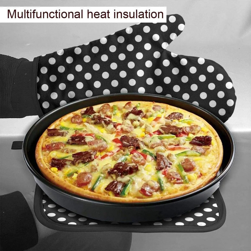 Juodos ir baltos taškinės orkaitės pirštinės ir puodų laikikliai, karščiui atsparūs virtuvės orkaitės pirštinės, neslystančios saugiam kepimui ant grotelių