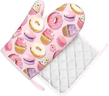 Ροζ Macaron Cupcakes και Donuts Αστεία σετ σιλικόνης γάντια φούρνου και κατσαρόλες Αξεσουάρ κουζίνας, ανθεκτικά μαξιλάρια