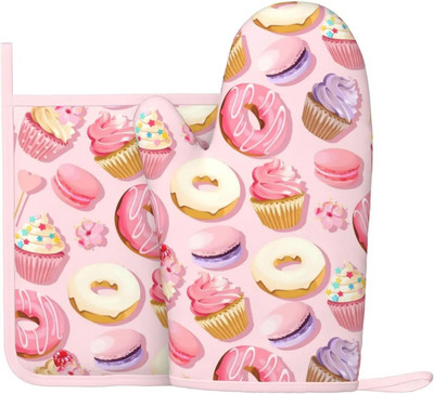 Rožiniai „Macaron“ keksiukai ir spurgos Juokingi silikoniniai orkaitės pirštinės ir puodų laikiklių rinkiniai virtuvės reikmenys, atsparūs karščiui atsparūs padėklai