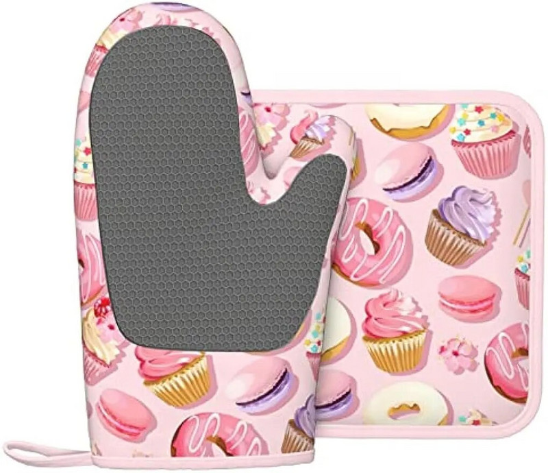 Rožiniai „Macaron“ keksiukai ir spurgos Juokingi silikoniniai orkaitės pirštinės ir puodų laikiklių rinkiniai virtuvės reikmenys, atsparūs karščiui atsparūs padėklai