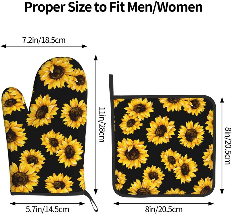 Saulėgrąžų orkaitės pirštinės ir puodų laikikliai Profesionalios karščiui atsparios medvilnės orkaitės pirštinės virtuvinių pirštinių 2 dalių rinkinys